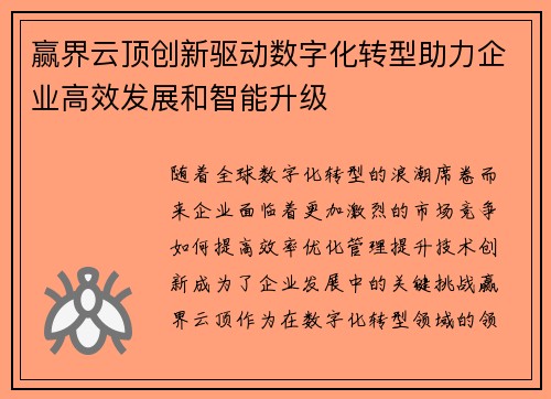 赢界云顶创新驱动数字化转型助力企业高效发展和智能升级
